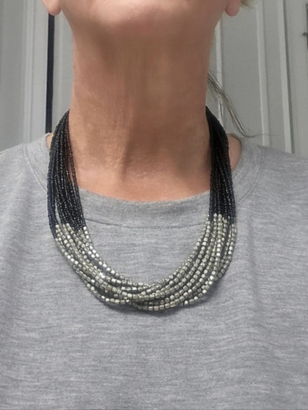 Layered Beaded Necklace in Gray & Silver Like New